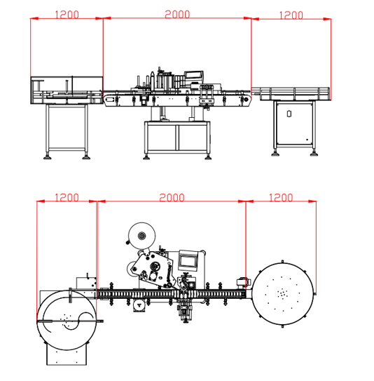 Bottle labeling automated line with inbound and outbound tables and conveyors