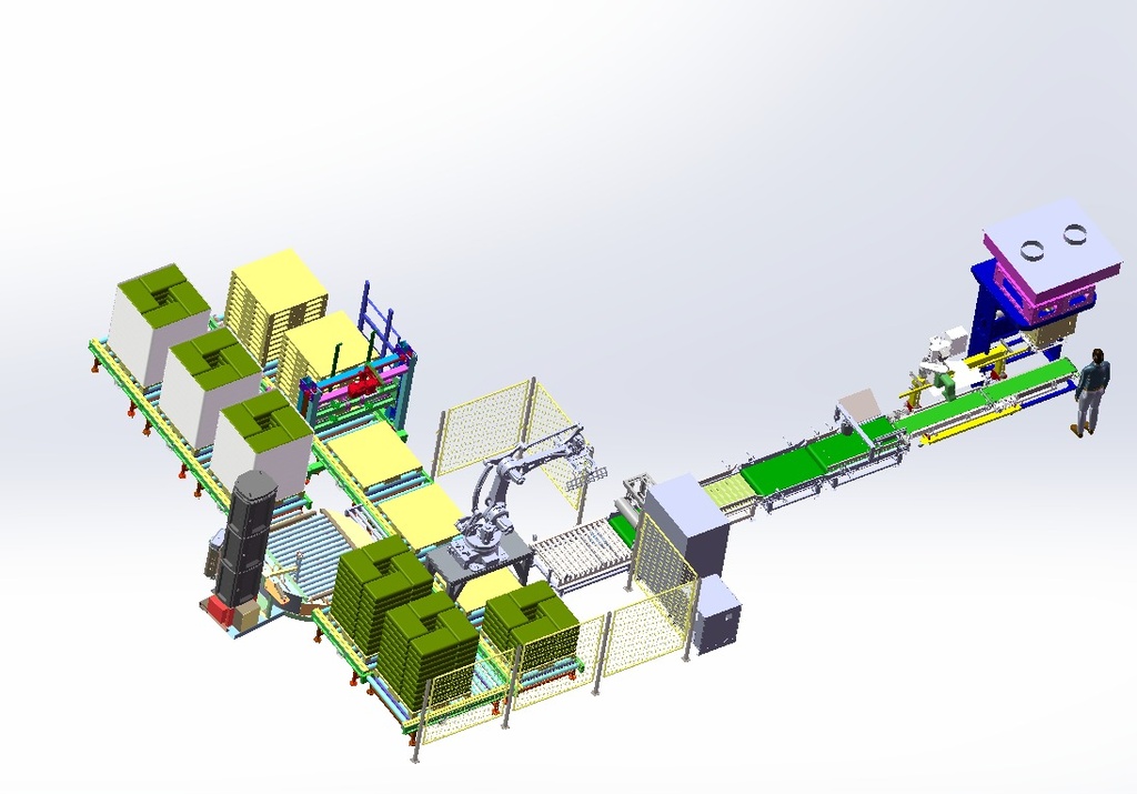 Palletizing cell ESTUN P1S1D1C2W1 - complete palletizing cell, bag sewing, bag positioning system, pallet dispenser, pallet wrapping machine