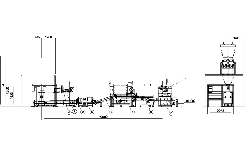 Palletizing cell ESTUN D1S1C2P1 - complete dosing, bagging and palletizing cell, bag sewing, bag positioning system