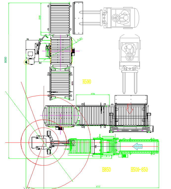 Robot Industries palletizing cell - bag flattening, pallet dispenser, robotized palletizing system, pallet wrapping machine