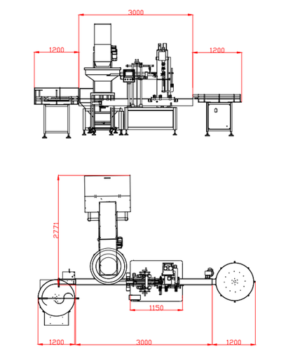 Bottle capping automated line with inbound and outbound tables and conveyors