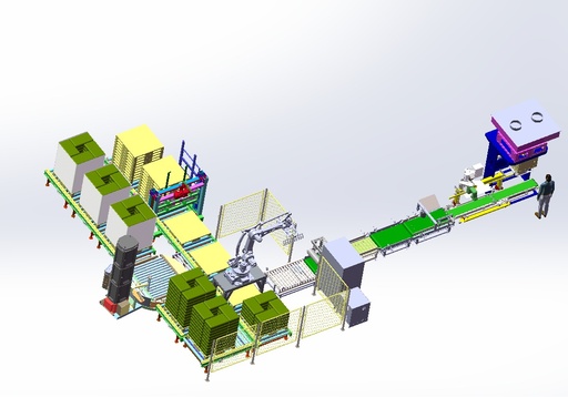 Celulă de paletizare ESTUN P1S1D1C2W1 - celulă completă de paletizare, sistem coasere saci, sistem de poziționare a sacilor, dozator de paleți, mașină de infoliere paleți