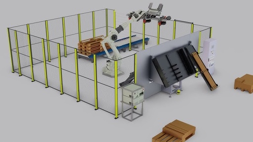 Robotized cell for wood pallet production (8 pallet dimensions) - 3 robots, 2 for feeding and 1 for production